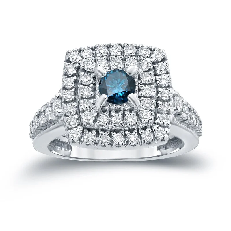 Retro topaz ring-Auriya 1 2/5ctw Round Double Halo Blue Diamond Engagement Ring 14k Gold