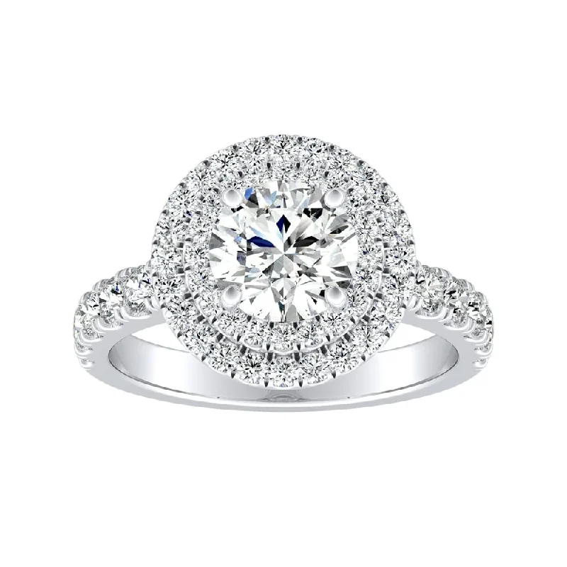 Droplet gem ring-Auriya 1/2ct Round Moissanite and 3/4ctw Double Halo Diamond Engagement Ring 14K Gold