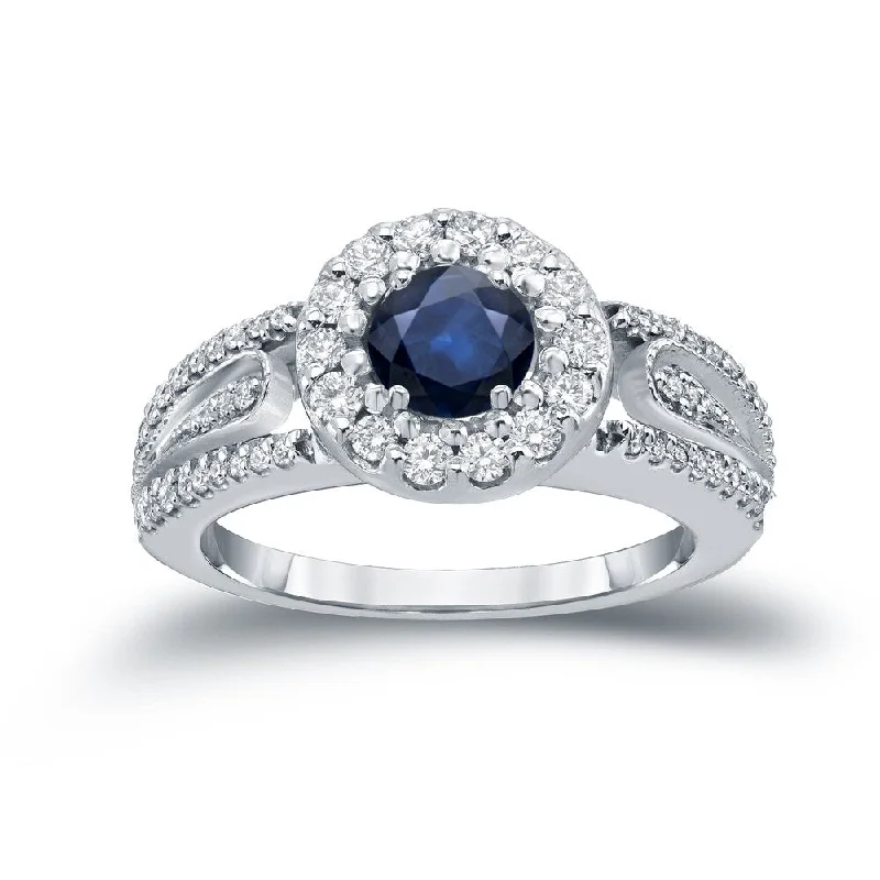 Hand-etched ring-Auriya 1/4ct Round Blue Sapphire and 1/4ct TDW Diamond Halo Engagement Ring 14k Gold (H-I, I1-I2)