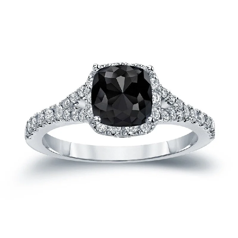 Shiny obsidian ring-Auriya 14k Gold 1 1/2ctw Cushion-cut Black Diamond Halo Engagement Ring