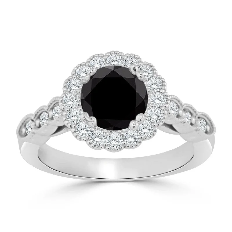 Ridge motif ring-Auriya 14k Gold 1 1/2ctw Vintage Halo Black Diamond Engagement Ring (H-I, I1-I2)