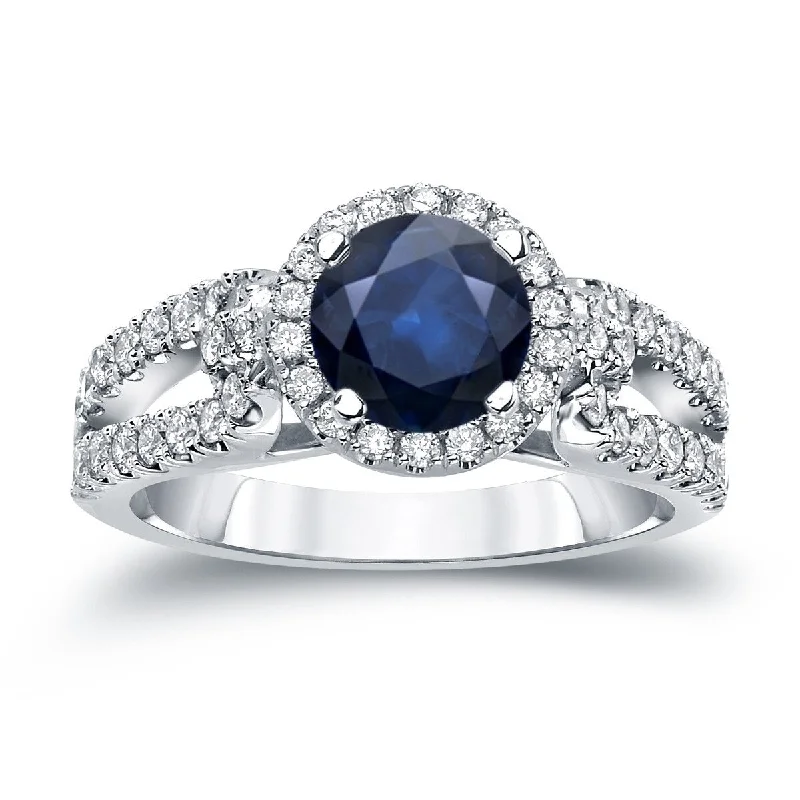 Dappled crystal ring-Auriya 14k Gold 1/2ct Modern Sapphire and Diamond Halo Engagement Ring 1/2ctw