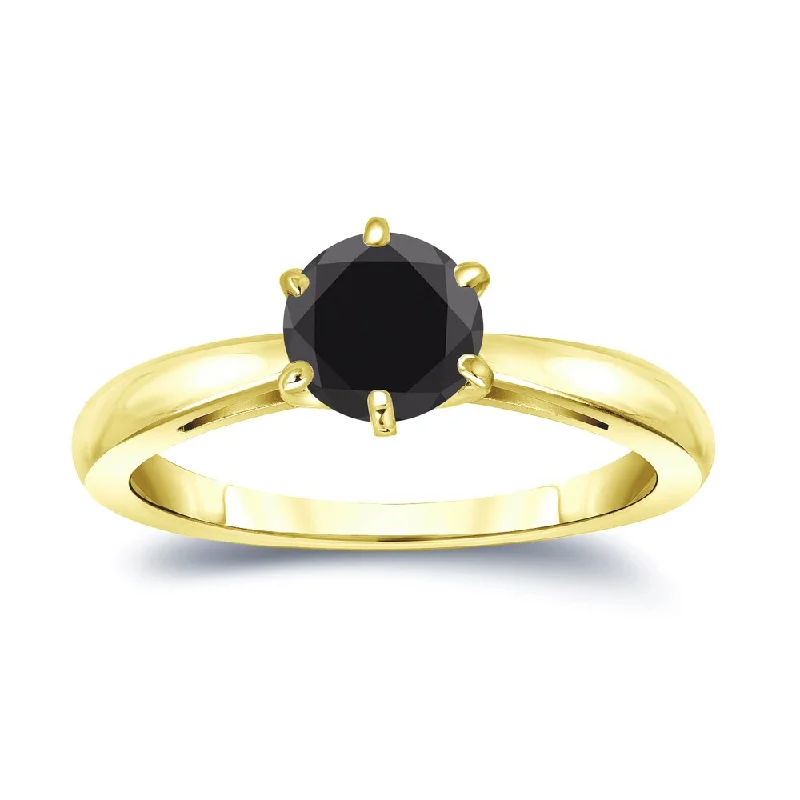 Heavy pave ring-Auriya 14k Gold 1 carat TW Round Solitaire Black Diamond Engagement Ring 6-Prong