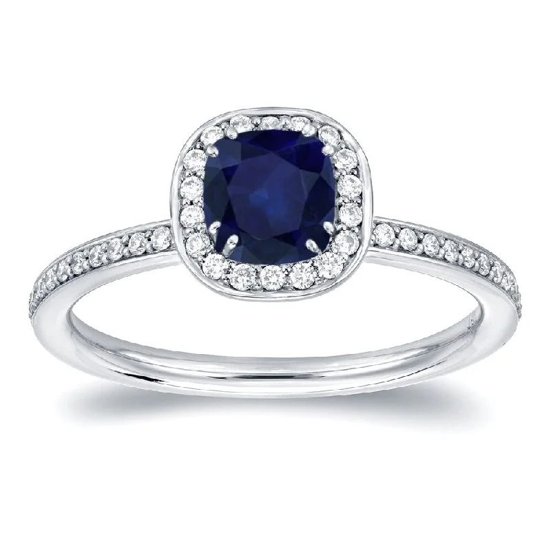 Coiled design ring-Auriya 14k Gold 3/4ct Cushion-cut Blue Sapphire Halo Diamond Engagement Ring 1/3ctw