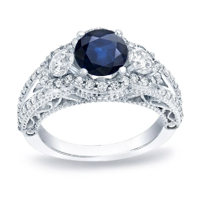 Natural sapphire ring-Auriya 14k Gold 3/4ct Vintage Blue Sapphire 3-Stone Diamond Engagement Ring 1 1/4ctw (H-I, SI1-SI2)