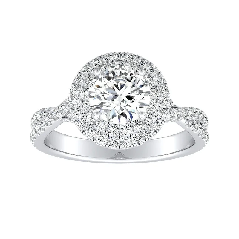 Hooked ring-Auriya 14k Gold Round 3ct Moissanite and 1/2ctw Double Halo Diamond Engagement Ring