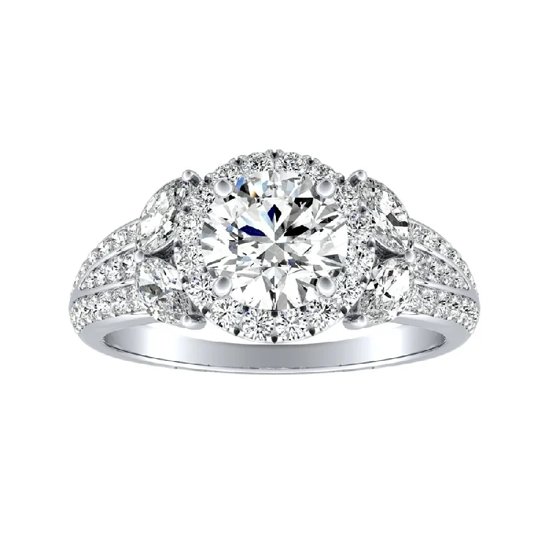 Curved stone ring-Auriya 14k Gold Round 3ct Moissanite and 3/4ctw Halo Diamond Engagement Ring 14K