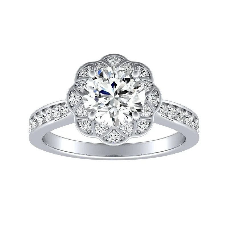 Ridge motif ring-Auriya 14k Gold Vintage 4ct Round Moissanite and 1/3ctw Halo Diamond Engagement Ring