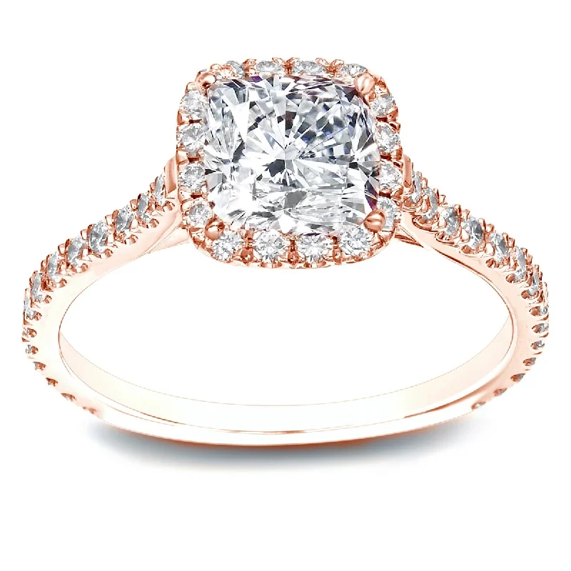 Pleated edge ring-Auriya 14k Rose Gold 1 1/2ctw Cushion-cut Halo Diamond Engagement Ring Certified (H-I, SI1-SI2)