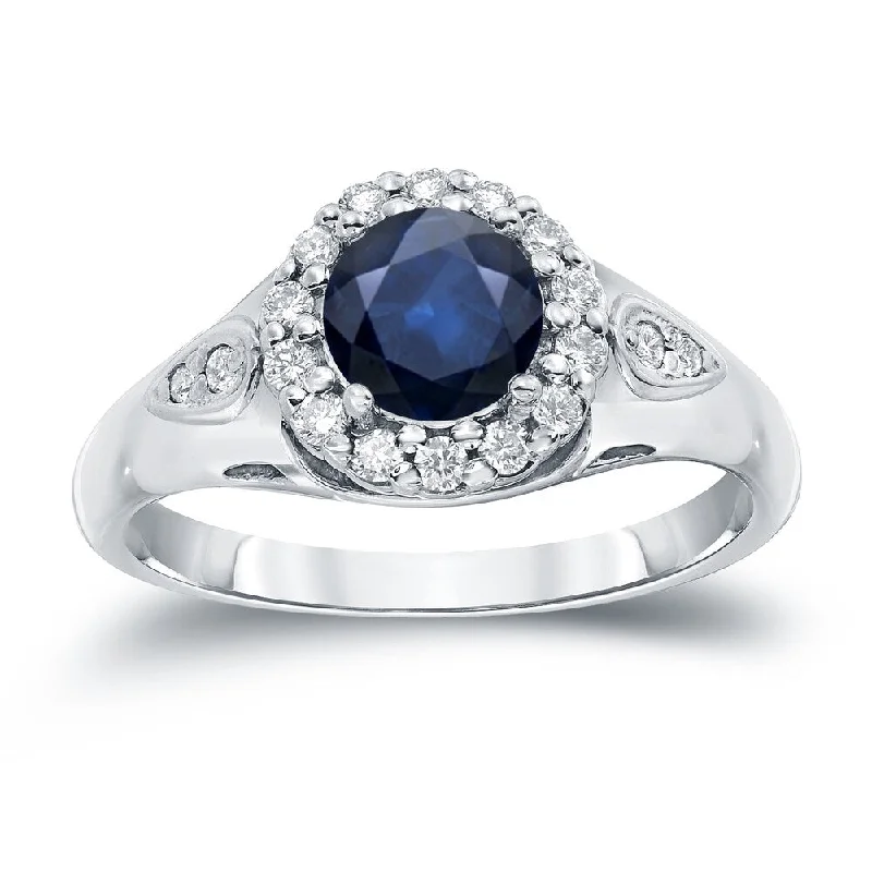 Matte titanium ring-Auriya 1ct Blue Sapphire and 1/4ctw Halo Diamond Engagement Ring 14k Gold