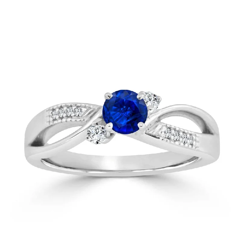 Heavy pave ring-Auriya 2/5ct Blue Sapphire and 1/10ctw 3 Stone Diamond Engagement Ring 14k Gold