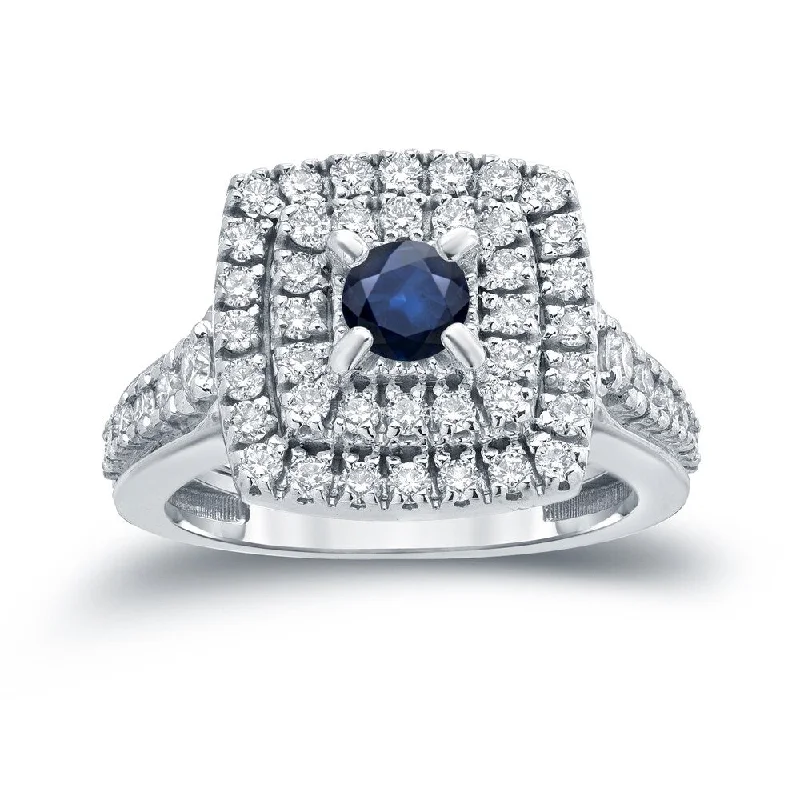 Summit stone ring-Auriya 2/5ct TDW Round Blue Sapphire and 1ct TDW Double Halo Diamond Engagement Ring 14k Gold (H-I, I1-I2)