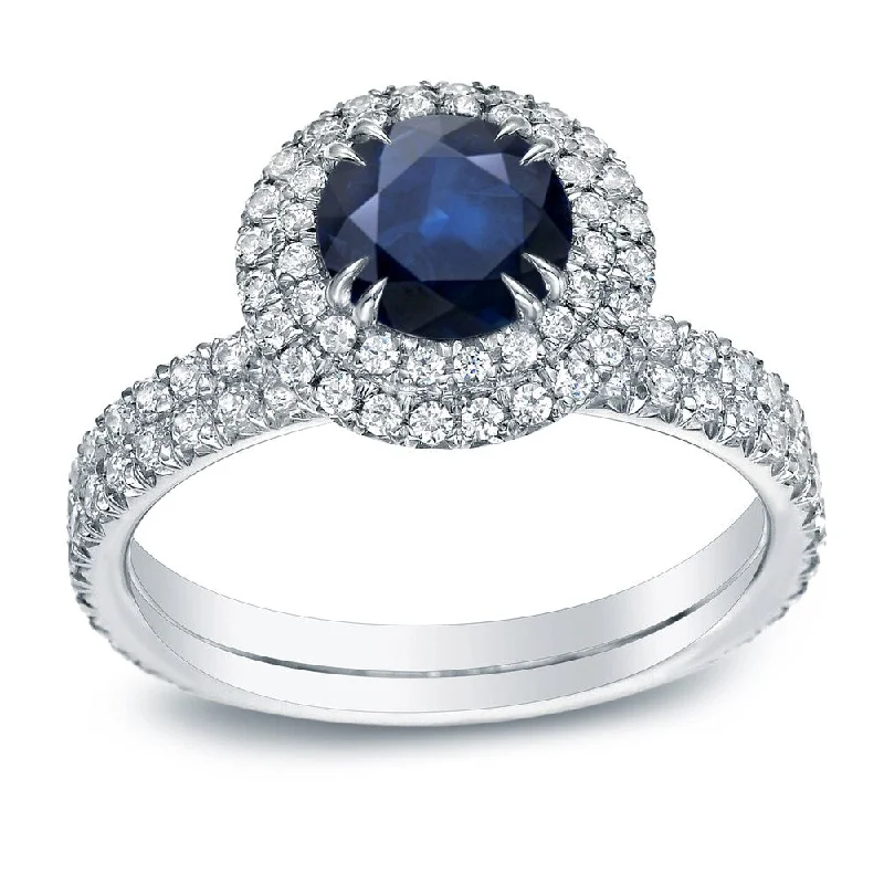 Smooth edge ring-Auriya 3/4ct Round Blue Sapphire and 1ctw Double Halo Diamond Engagement Ring 14k Gold