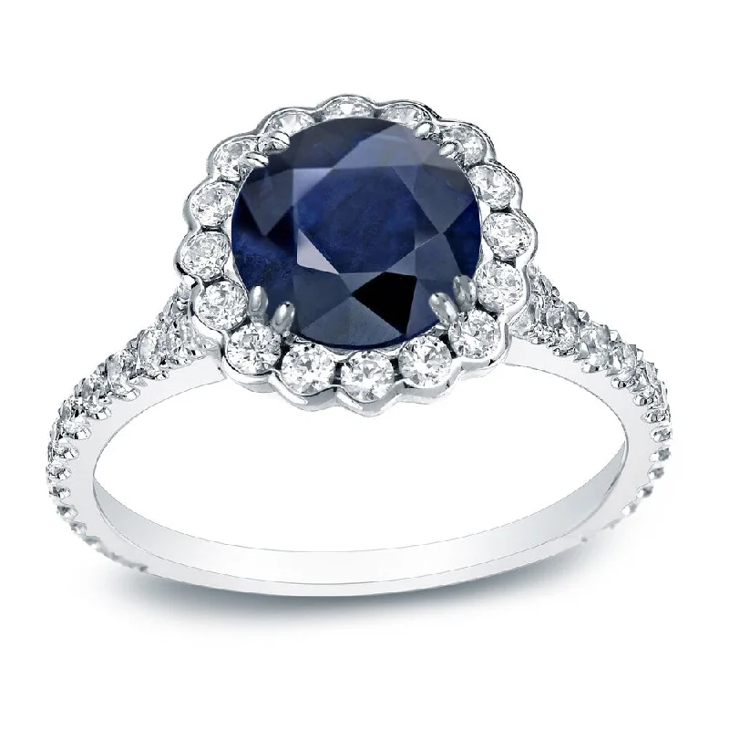 Linked band ring-Auriya 3/4ct Round Blue Sapphire and 3/4ctw Halo Diamond Engagement Ring 14k Gold