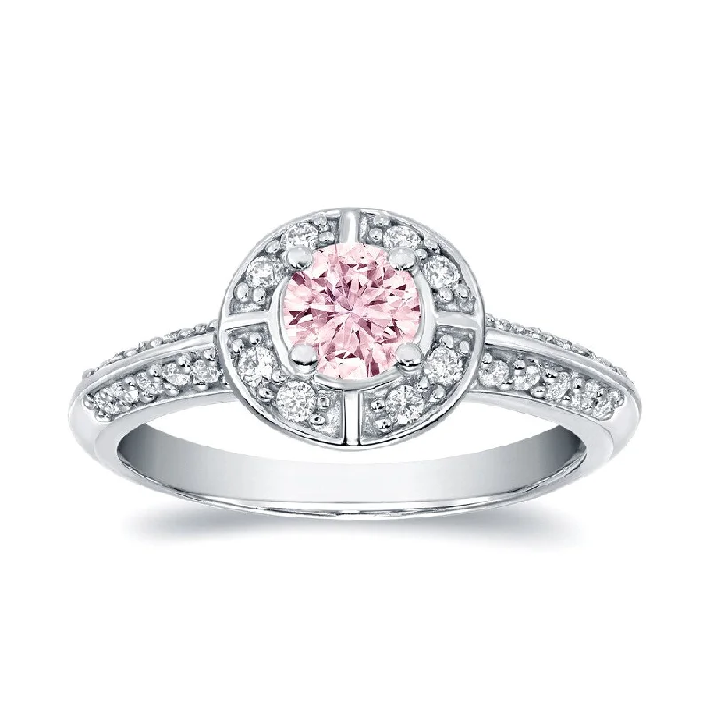 Flecked glaze ring-Auriya 3/4ctw Natural Fancy Pink Diamond Halo Engagement Ring 14k White Gold