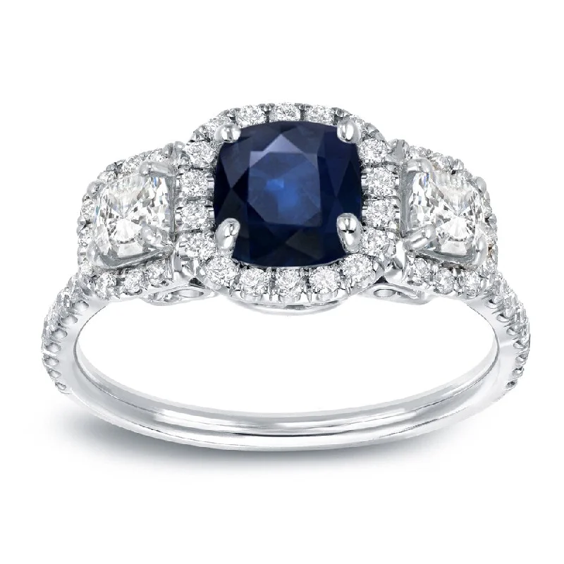 Glowing iolite ring-Auriya 3-Stone 1ct Blue Sapphire Cushion and 1ct TDW Diamond Engagement Ring 14k White Gold