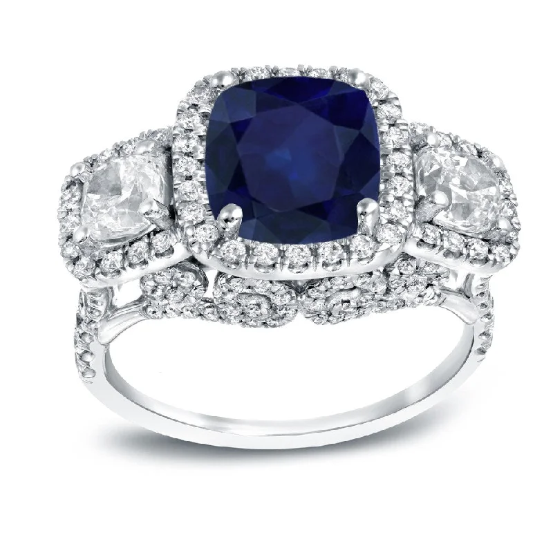 Fine-cut ring-Auriya 3ct Blue Sapphire and 2ctw 3 Stone Halo Diamond Engagement Ring 18k White Gold