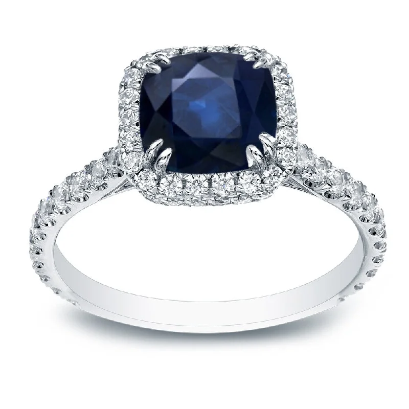 Thirteen-gem ring-Auriya Cushion-Cut 1 1/5ct Blue Sapphire and 4/5ct TDW Diamond Halo Engagement Ring 18k White Gold