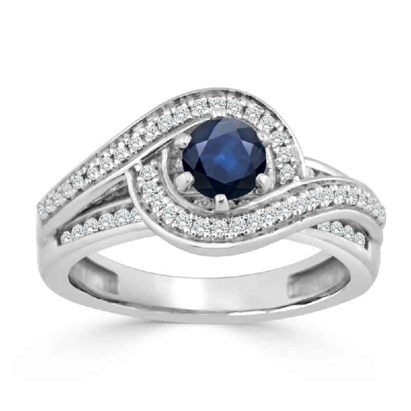 Glimmering silver ring-Auriya Halo Swirl 1/2ct Blue Sapphire and 1/2ctw Diamond Engagement Ring 14K Gold