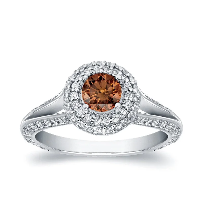 Faint silver ring-Auriya Modern Double Edge 1 1/2ct TDW Brown Diamond Halo Engagement Ring 14k White Gold