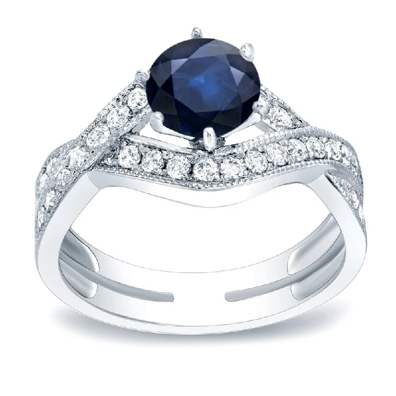 Eight-heart ring-Auriya Modern Open Split Shank 1ct Sapphire and 3/4ctw Diamond Engagement Ring 14K Gold