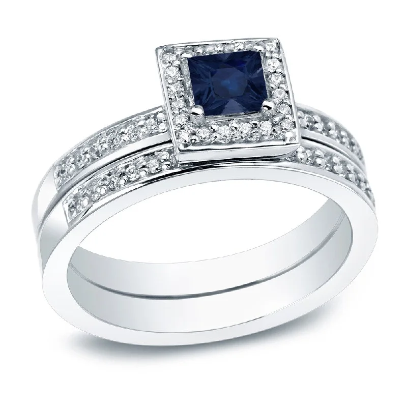 Pentagonal stone ring-Auriya Platinum 1/2ct Princess Cut Blue Sapphire and 1ctw Diamond Engagement Ring