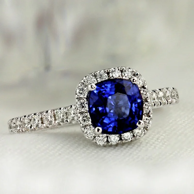 Wire-swirl ring-Auriya Platinum 1ct Cushion-cut Blue Sapphire Halo Diamond Engagement Ring 1/2ctw