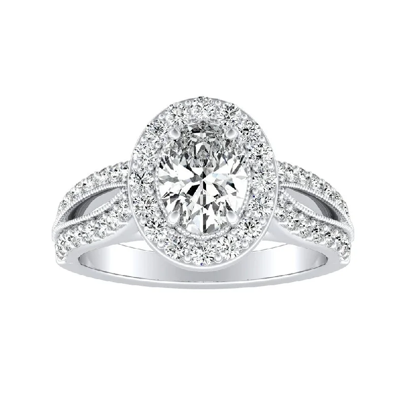 Hand-etched ring-Auriya Platinum Vintage Halo Oval Diamond Engagement Ring 1ctw (I-J, I1-I2) - White I-J