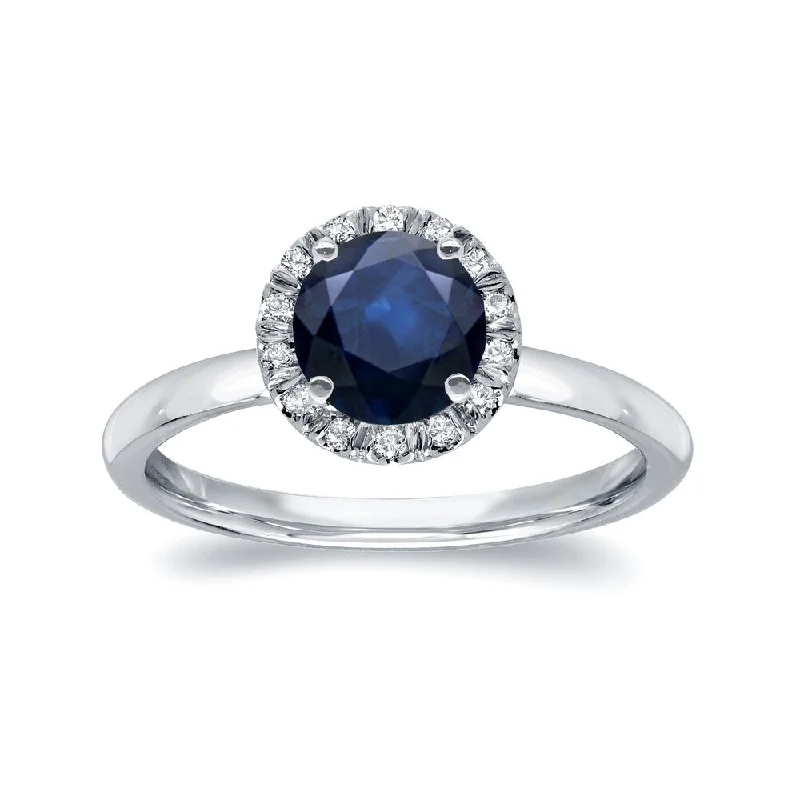 Twisted coil ring-Auriya Round 7/8ct Blue Sapphire and 1/6ct TDW Diamond Halo Engagement Ring 14k White Gold