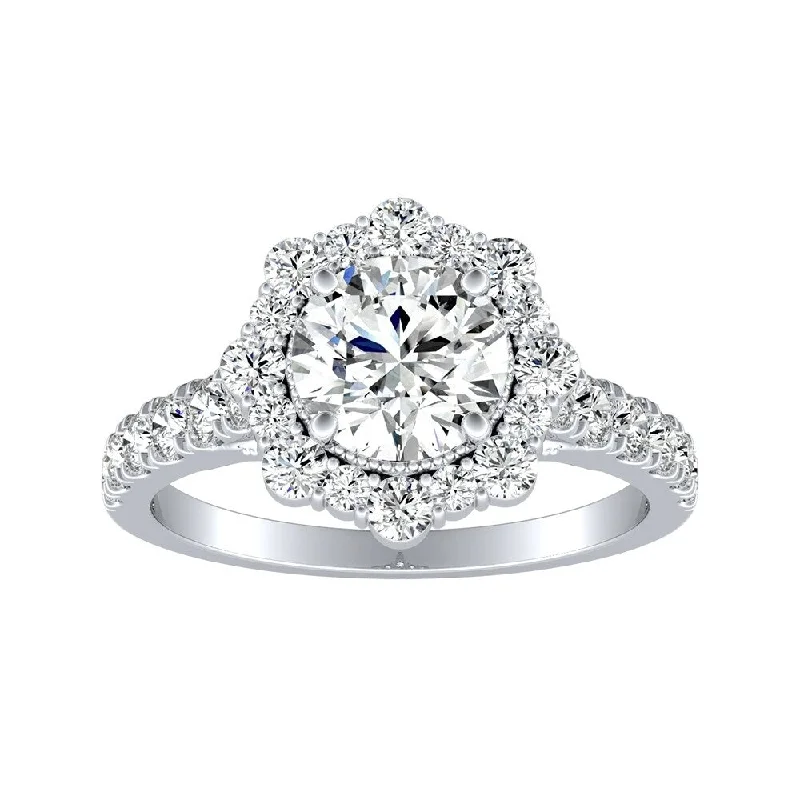 Buried stone ring-Auriya Round Vintage 3/4ct Moissanite and 3/4ct TDW Halo Diamond Engagement Ring 14K Gold