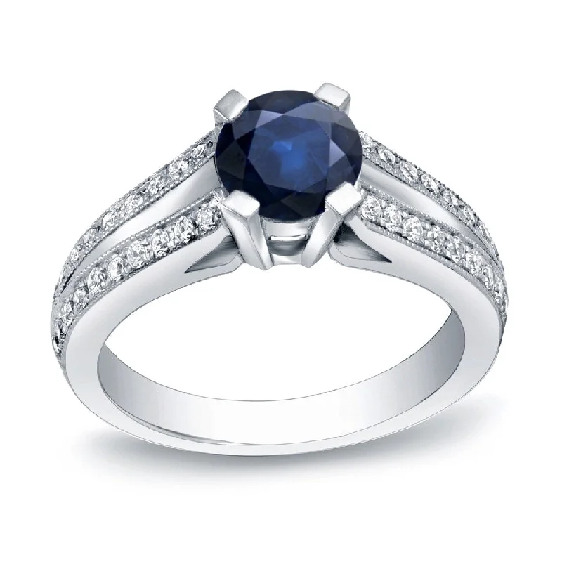 Matte titanium ring-Auriya Split Shank Round 1ct Blue Sapphire and 1/4ct TDW Diamond Engagement Ring 14k Gold