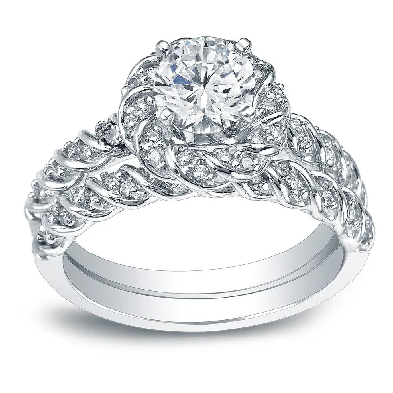 Open-frame ring-Auriya Unique Rope Style 1 3/5ct TDW Round Diamond Halo Bridal Ring Set 14k White Gold Certified