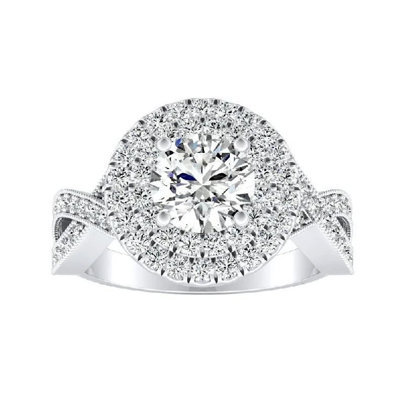 Soft arc ring-Auriya Vintage 3/4ct Moissanite and 5/8ctw Double Halo Diamond Engagement Ring 14K Gold