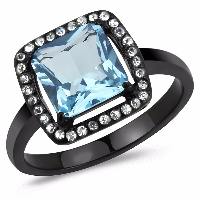 Smelted silver ring-Big 8x8mm Princess Cut Sea Blue Topaz CZ Center Black IP Stainless Steel Ring