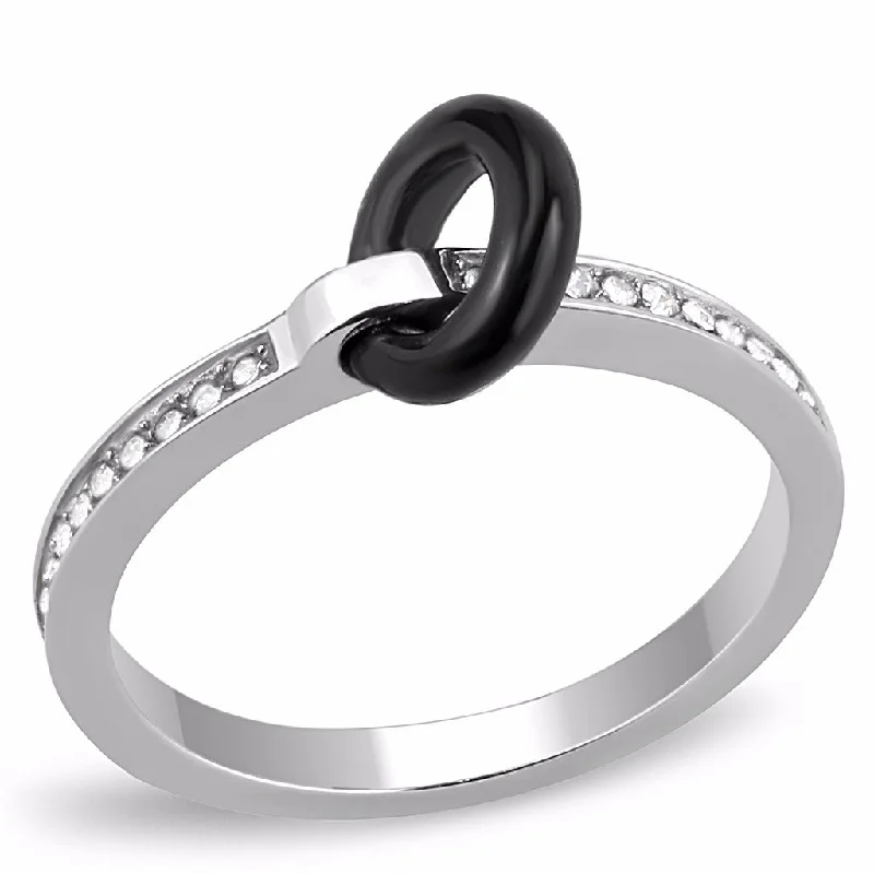 Hooked ring-Black Circle set in Top Grade Clear Crystal Stainless Steel 2x2mm Band