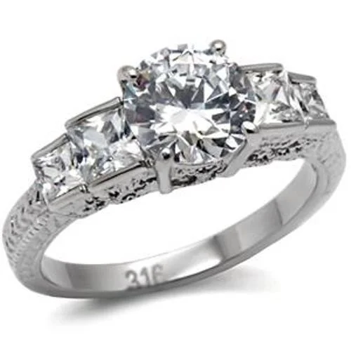 Smooth edge ring-Womens 5 Stone Style Round CZ Center Princess CZ Side Stainless Steel Wedding Ring