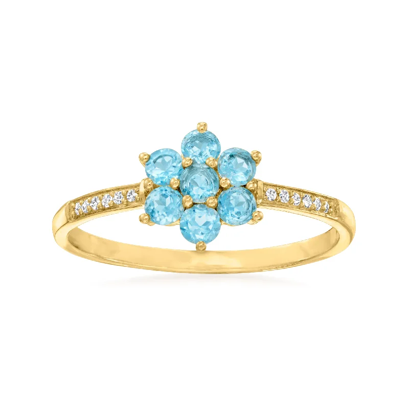 Braided cord ring-Canaria Swiss Blue Topaz Flower Ring With Diamond Accents in 10kt Yellow Gold