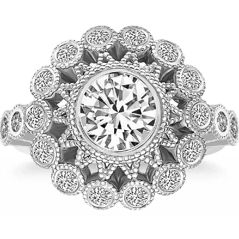 Twinkling crystal ring-Certified 1.51Ct Diamond Ring White Gold Unique Filigree Band Lab Grown