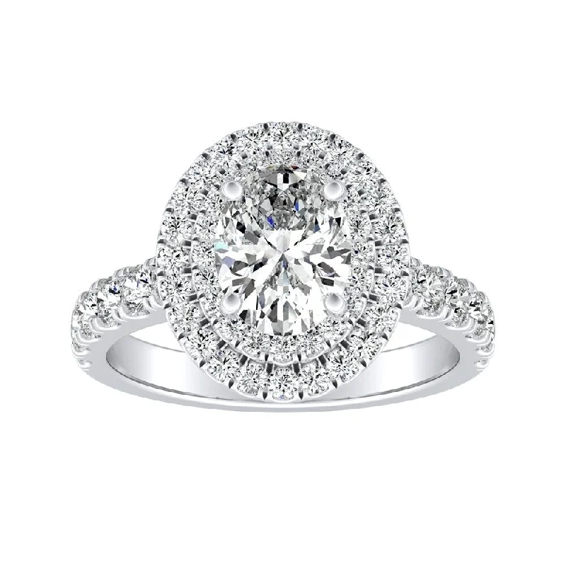 Low-set stone ring-Classic Oval Shape 1 3/4ctw Double Halo Diamond Engagement Ring 14k Gold by Auriya (I-J, I1-I2)