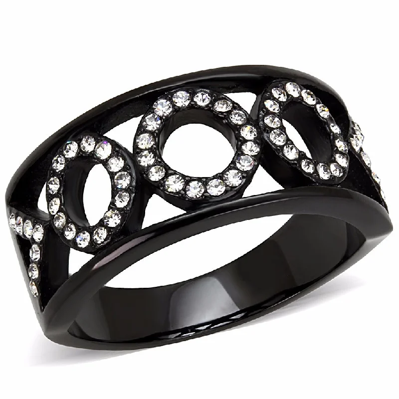 High-dome cabochon ring-Clear CZ on 3 Link Circles Set in Black IP Stainless Steel Band Ring