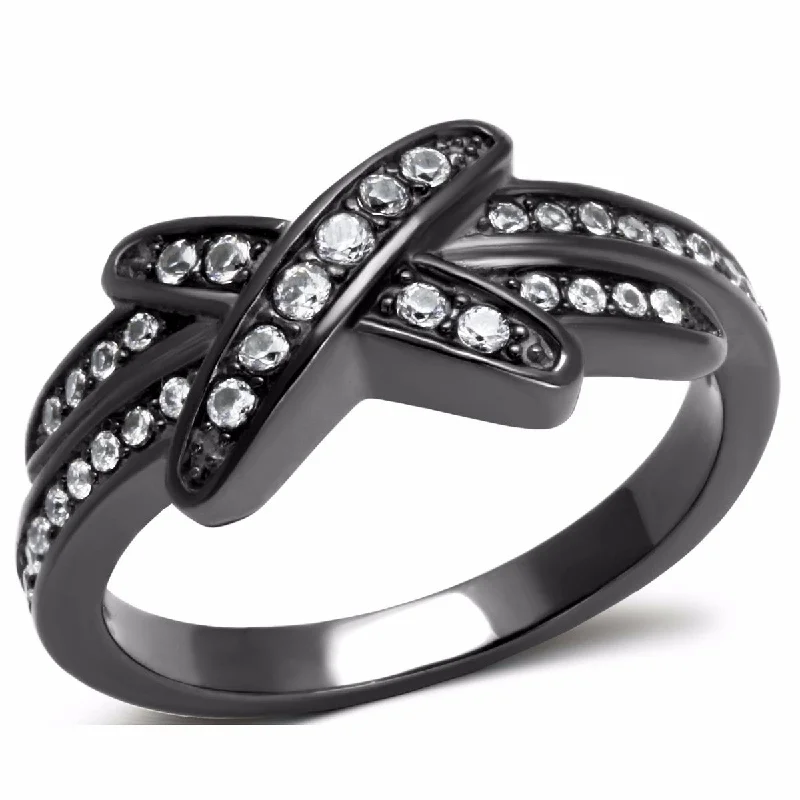 Light braid ring-Clear CZ on X Cross Light Black IP (IP Gun) Stainless Steel Band