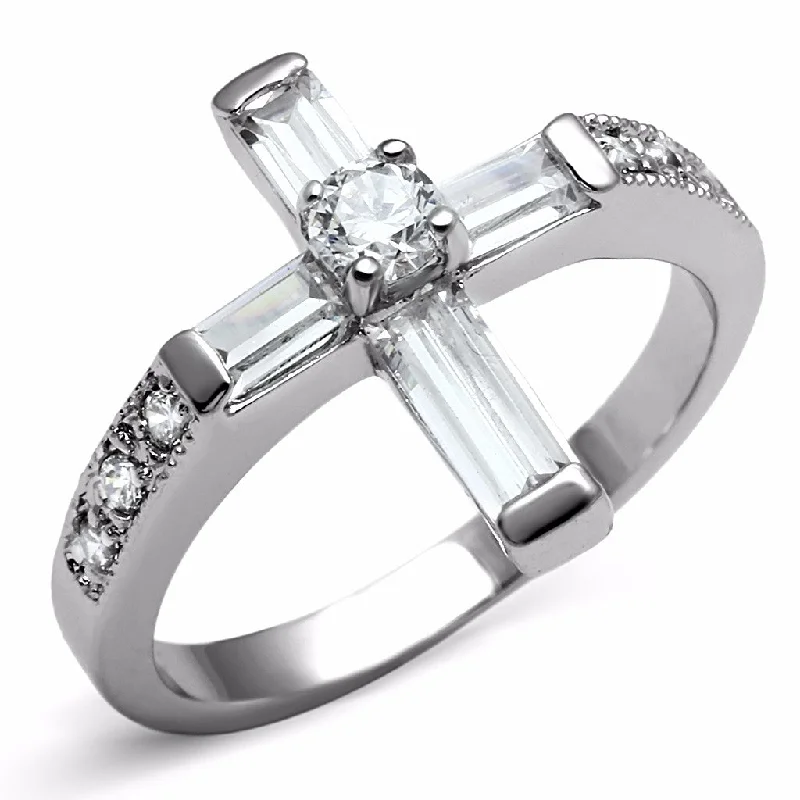 Shiny obsidian ring-Clear CZ Set in 316 Stainless Steel Christian Cross Ring