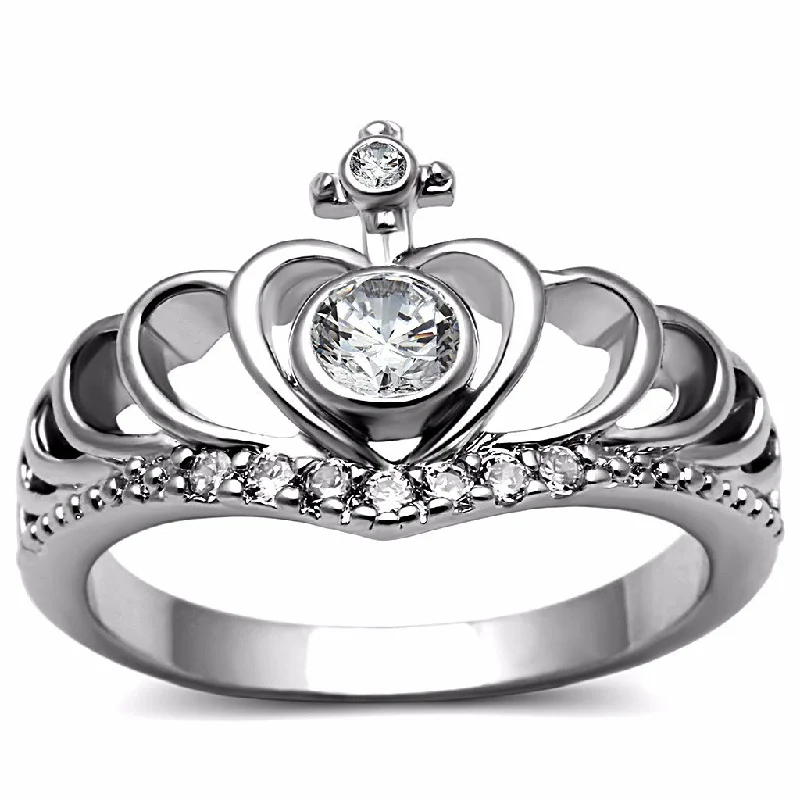 Faded zinc ring-Clear CZ Set in 316 Stainless Steel Womens Crown Ring