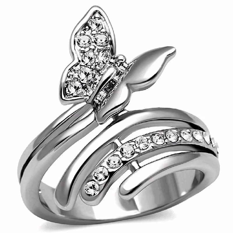 Smelted silver ring-Clear CZ set in Butterfly Stainless Steel Wide Band Ring