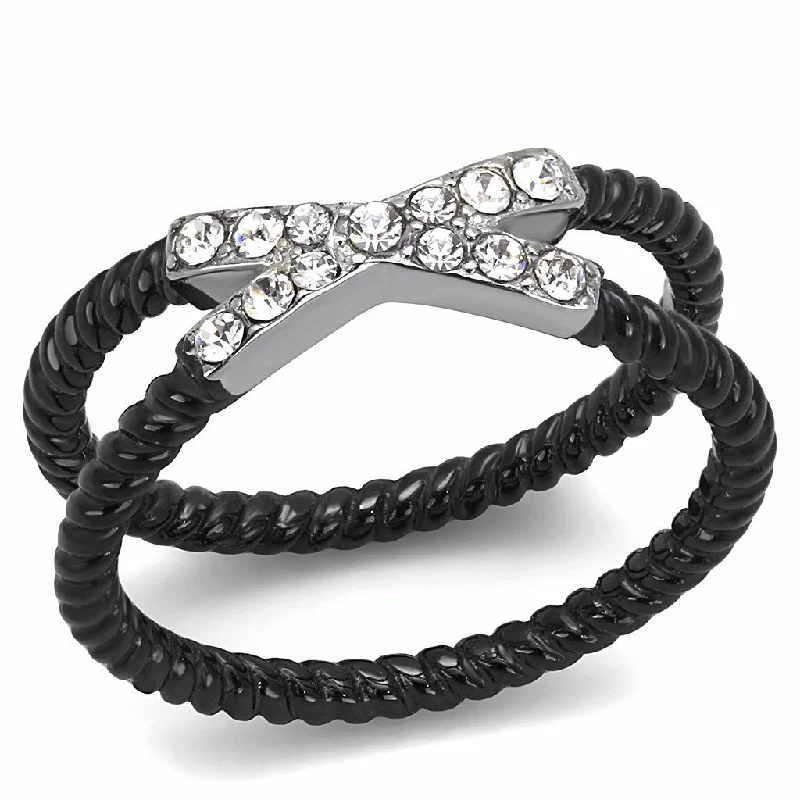 Smooth gem ring-Clear CZ set on X Band Two-Tone IP Black Stainless Steel Band