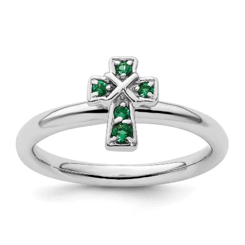 Smelted gold ring-Curata 2.25mm 925 Sterling Silver Stackable Expressions Rhodium Created Emerald Religious Faith Cross Ring