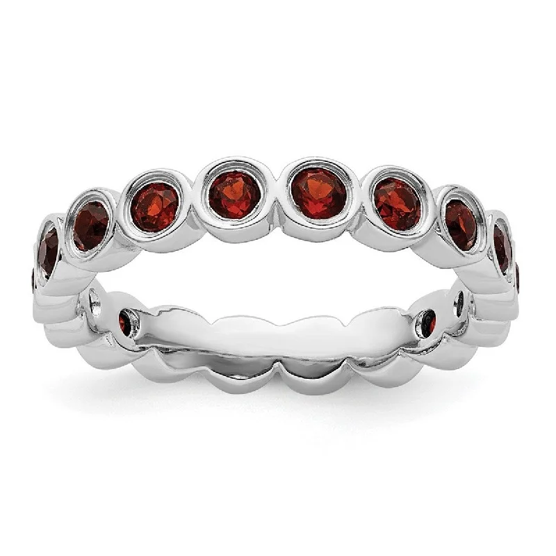 Channeled design ring-Curata 925 Sterling Silver Bezel Polished Patterned Stackable Expressions Garnet Ring