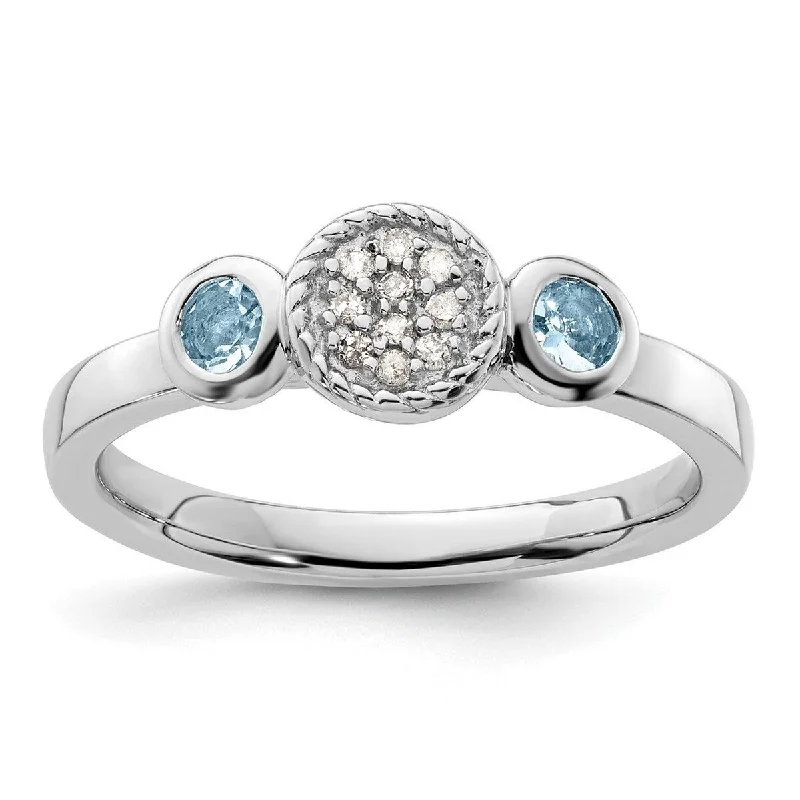 Vivid shale ring-Curata 925 Sterling Silver Bezel Polished Prong set Stackable Expressions Db Round Aquamarine and Dia. Ring