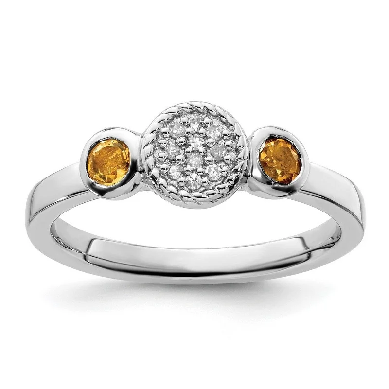 Smooth edge ring-Curata 925 Sterling Silver Bezel Polished Prong set Stackable Expressions Db Round Citrine and Dia. Ring