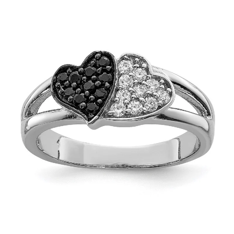 Smelted silver ring-Curata 925 Sterling Silver Open back Rhodium Clear and Black CZ Cubic Zirconia Simulated Diamond Love Hearts Ring